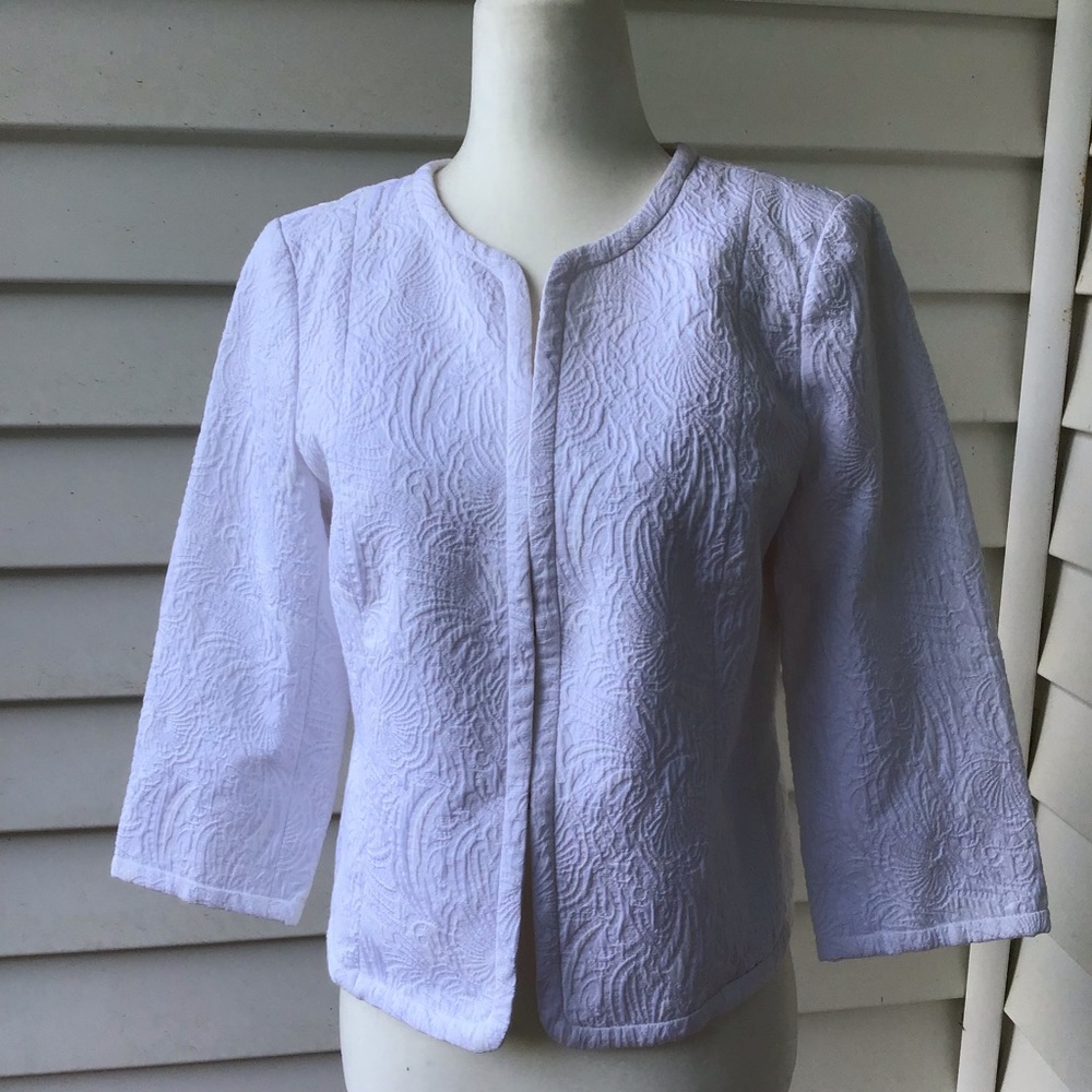 Talbots Petites Blazer Womens Sz 4P White Cropped Burnout Texture 3/4 Sleeve